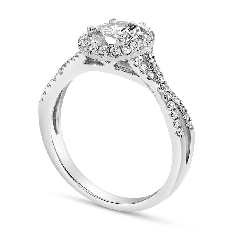 1.0 CT. T.W. Oval Natural Diamond Frame Twist Shank Engagement Ring in Solid 18K White Gold (G/SI2)