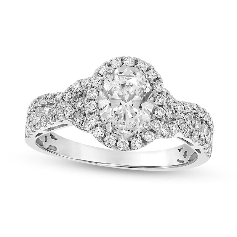 1.5 CT. T.W. Oval Natural Diamond Frame Multi-Row Engagement Ring in Solid 18K White Gold (G/SI2)