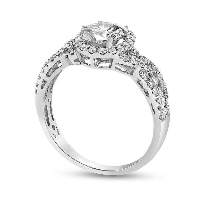 1.5 CT. T.W. Oval Natural Diamond Frame Multi-Row Engagement Ring in Solid 18K White Gold (G/SI2)