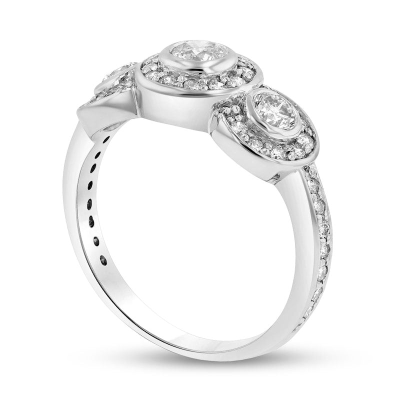 1.0 CT. T.W. Natural Diamond Frame Three Stone Engagement Ring in Solid 14K White Gold