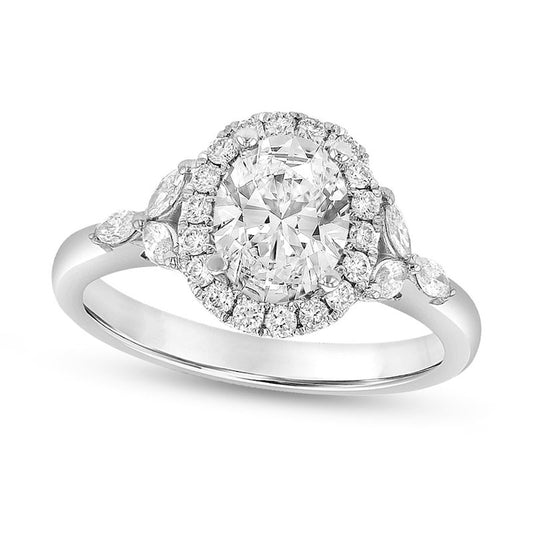 1.38 CT. T.W. Oval Natural Diamond Frame Tri-Sides Engagement Ring in Solid 18K White Gold (G/SI2)