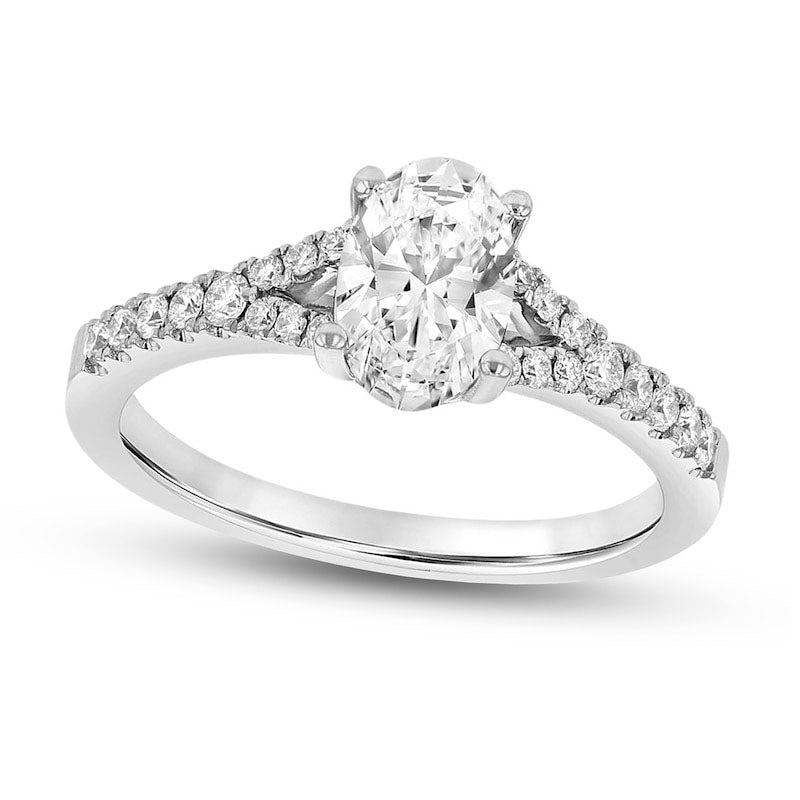 1.0 CT. T.W. Oval Natural Diamond Split Shank Engagement Ring in Solid 18K White Gold (G/SI2)