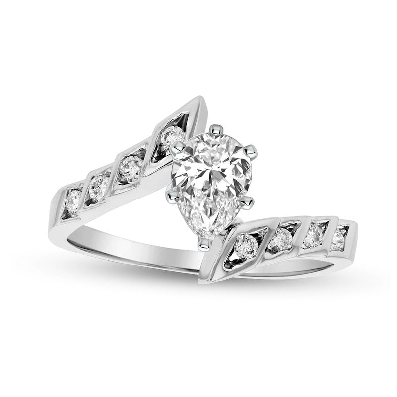 0.88 CT. T.W. Pear-Shaped Natural Diamond Bypass Engagement Ring in Solid 14K White Gold (I/SI2)