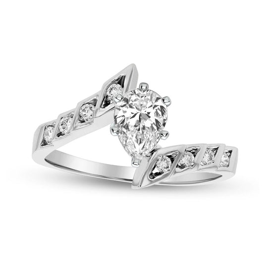 0.88 CT. T.W. Pear-Shaped Natural Diamond Bypass Engagement Ring in Solid 14K White Gold (I/SI2)