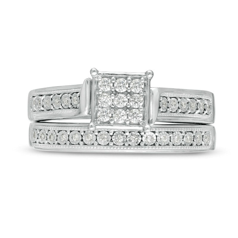 0.20 CT. T.W. Composite Natural Diamond Square Frame Antique Vintage-Style Bridal Engagement Ring Set in Sterling Silver