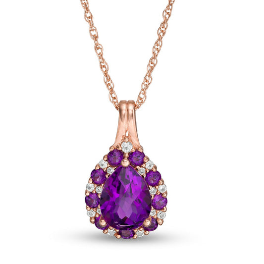 Pear-Shaped Amethyst and Lab-Created White Sapphire Teardrop Frame Pendant in Sterling Silver with 14K Rose Gold Plate