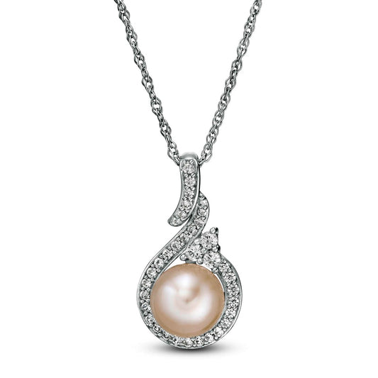 7.0-7.5mm Cultured Freshwater Pearl and Lab-Created White Sapphire Cascading Teardrop Pendant in Sterling Silver