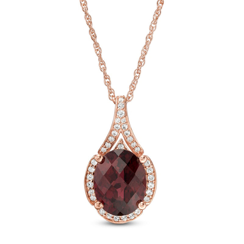 Oval Garnet and 0.17 CT. T.W. Natural Diamond Frame Teardrop Pendant in 10K Rose Gold