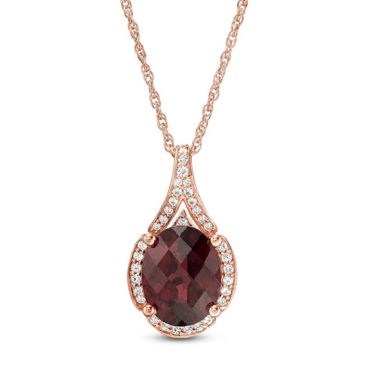 Oval Garnet and 0.17 CT. T.W. Natural Diamond Frame Teardrop Pendant in 10K Rose Gold