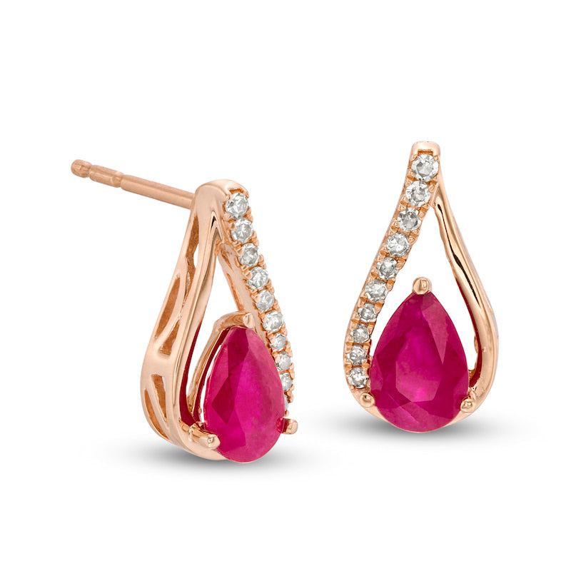 Pear-Shaped Ruby and 0.07 CT. T.W. Diamond Teardrop Earrings in 10K Rose Gold