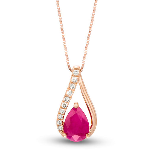 Pear-Shaped Ruby and 0.05 CT. T.W. Natural Diamond Teardrop Pendant in 10K Rose Gold