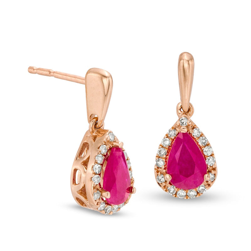 Pear-Shaped Ruby and 0.1 CT. T.W. Diamond Frame Drop Earrings in 10K Rose Gold