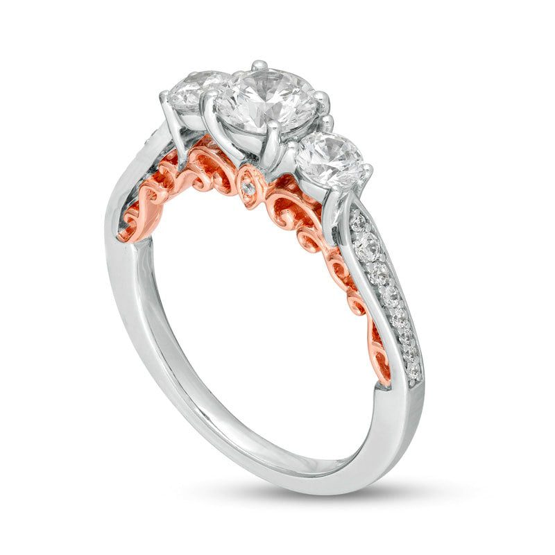 1.25 CT. T.W. Natural Diamond Three Stone Filigree Engagement Ring in Solid 14K Two-Tone Gold