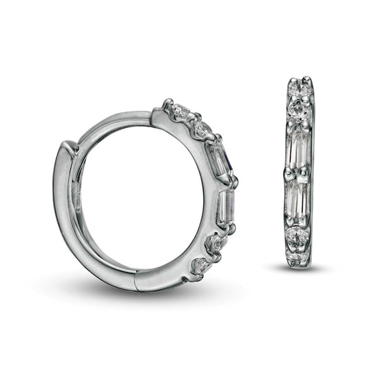 0.13 CT. T.W. Baguette and Round Diamond Hoop Earrings in 10K White Gold