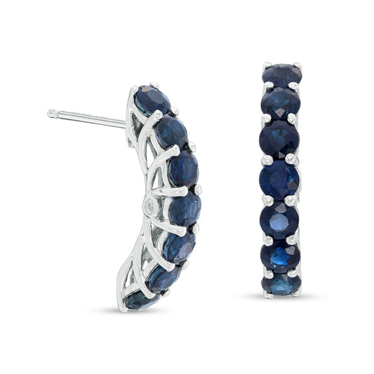 Blue Sapphire and Diamond Accent Curved Bar Drop Earrings in 10K White Gold