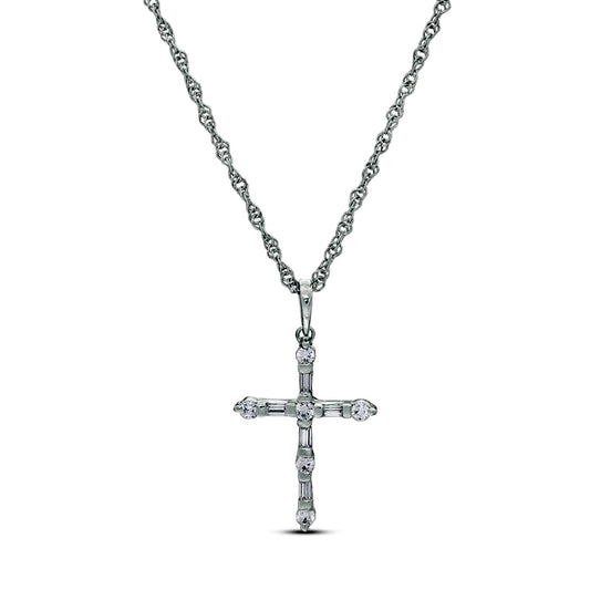 0.2 CT. T.W. Baguette and Round Natural Diamond Cross Pendant in 10K White Gold