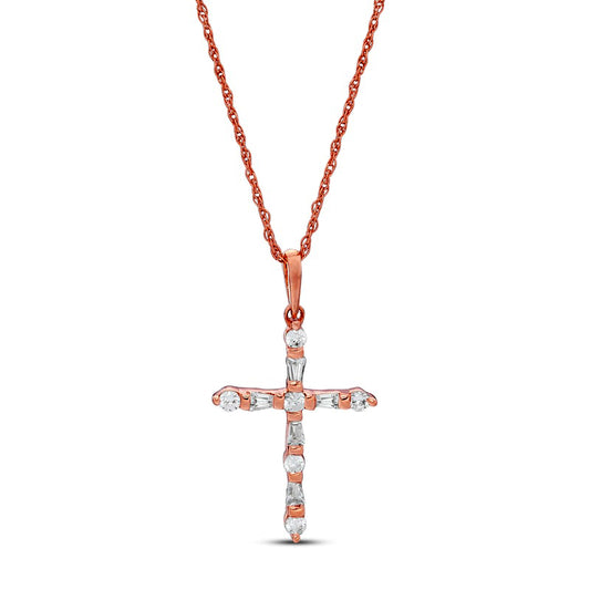 0.2 CT. T.W. Baguette and Round Natural Diamond Cross Pendant in 10K Rose Gold