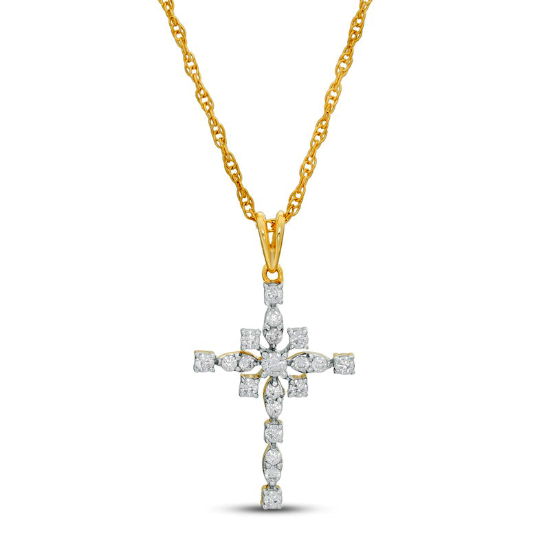 0.25 CT. T.W. Natural Diamond Art Deco Cross Pendant in 10K Yellow Gold