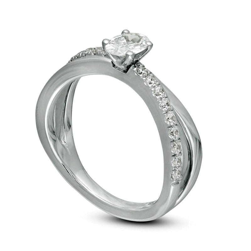 0.75 CT. T.W. Oval Natural Diamond Crossover Engagement Ring in Solid 14K White Gold