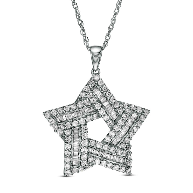 1.5 CT. T.W. Baguette and Round Natural Diamond Star Pendant in 10K White Gold