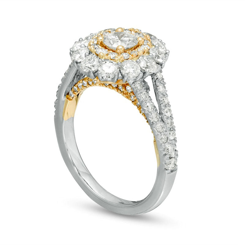 2.0 CT. T.W. Natural Diamond Double Frame Split Shank Engagement Ring in Solid 14K Two-Tone Gold