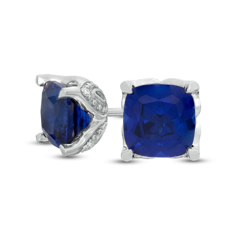 6.0mm Cushion-Cut Lab-Created Blue Sapphire and Diamond Accent Stud Earrings in 10K White Gold