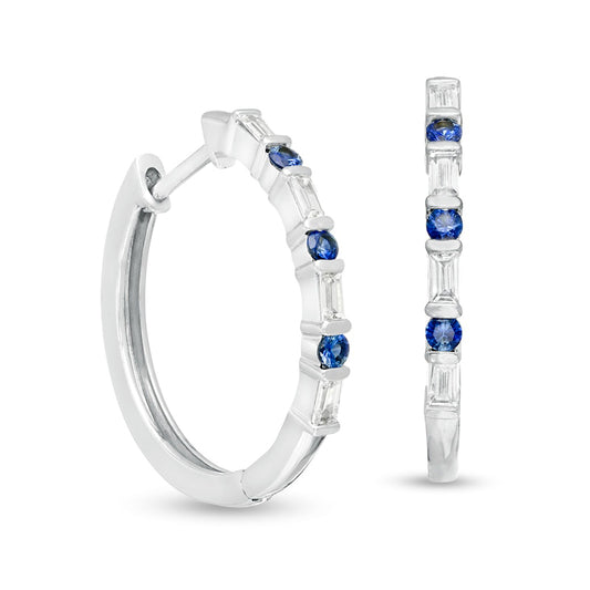 Alternating Blue Sapphire and 0.33 CT. T.W. Baguette Diamond Hoop Earrings in 10K White Gold