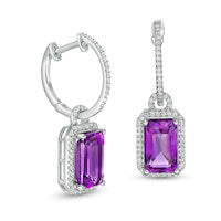 Elongated Emerald-Cut Amethyst and White Topaz Frame Doorknocker Drop Earrings in Sterling Silver