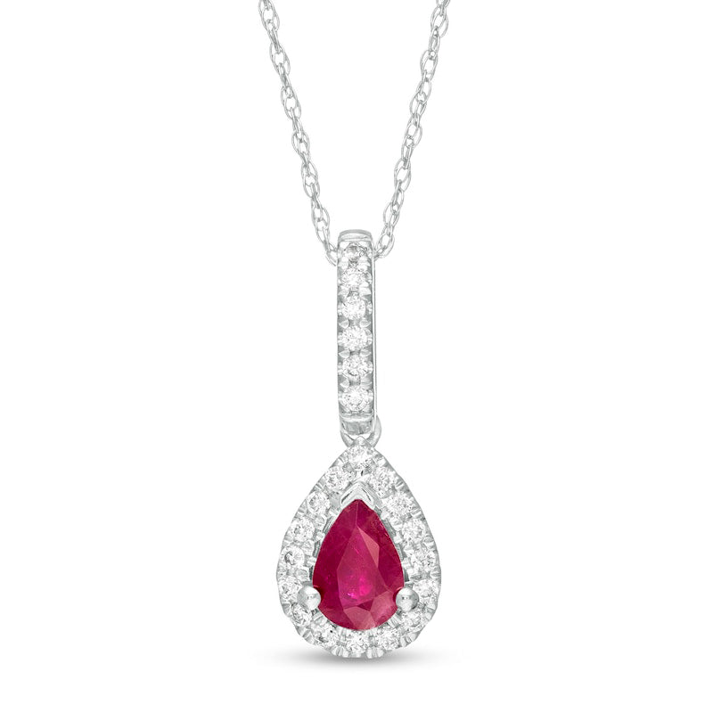 Pear-Shaped Ruby and 0.13 CT. T.W. Natural Diamond Teardrop Pendant in 10K White Gold