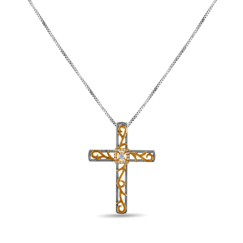 0.1 CT. T.W. Natural Diamond Ornate Cross Pendant in 10K Two-Tone Gold