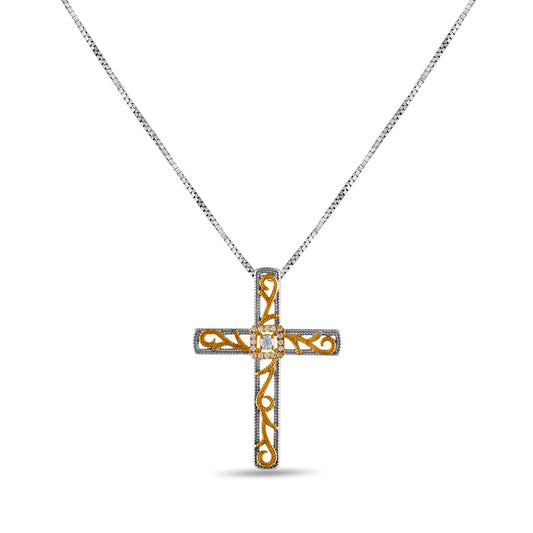 0.1 CT. T.W. Natural Diamond Ornate Cross Pendant in 10K Two-Tone Gold