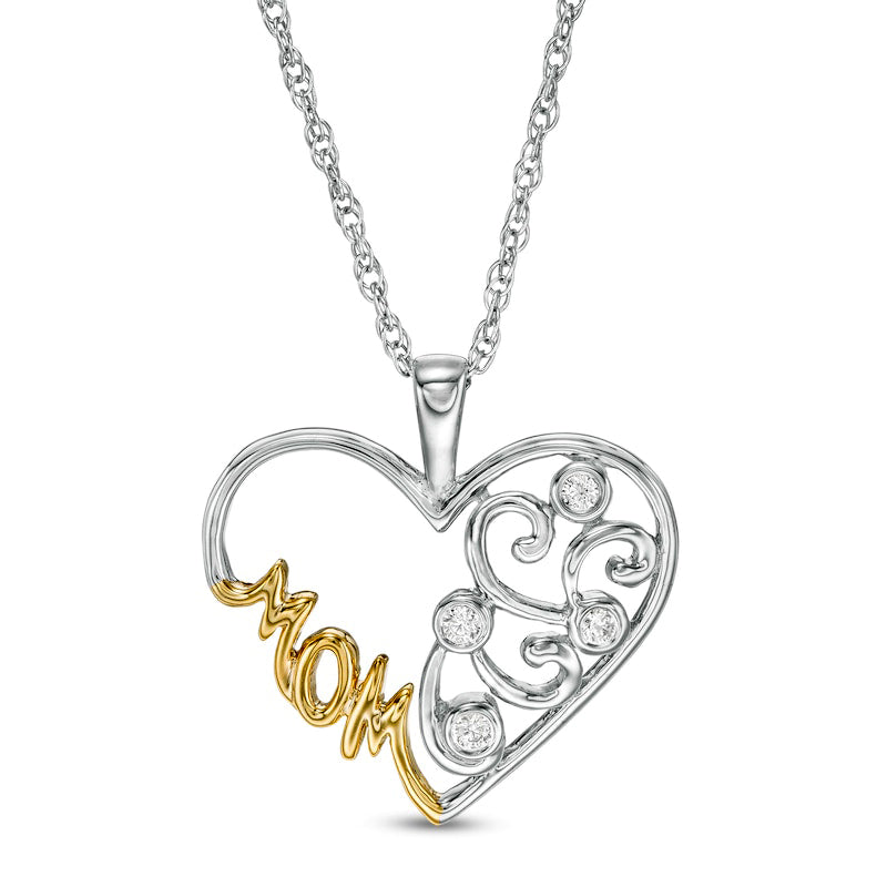 0.05 CT. T.W. Natural Diamond Filigree Heart "MOM" Pendant in Sterling Silver and 10K Yellow Gold