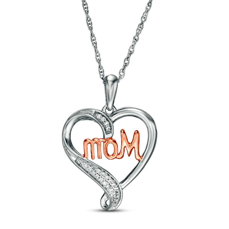 0.05 CT. T.W. Natural Diamond Heart "MOM" Pendant in Sterling Silver and 10K Rose Gold