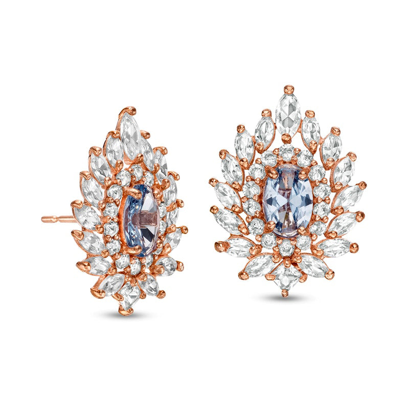 Oval Simulated Aquamarine and Lab-Created White Sapphire Flame Burst Stud Earrings in 10K Rose Gold