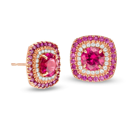 5.5mm Lab-Created Ruby and White Sapphire Double Cushion Frame Stud Earrings in 10K Rose Gold