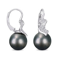 9.0-9.5mm Baroque Black Cultured Tahitian Pearl and 0.17 CT. T.W. Diamond Swirl Drop Earrings in Sterling Silver