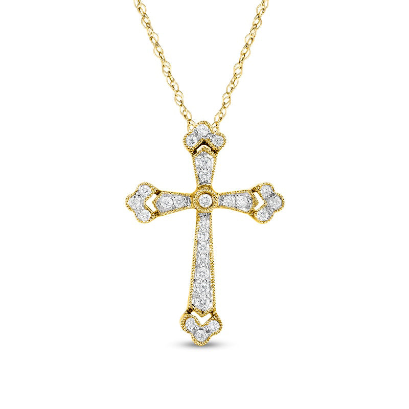 0.2 CT. T.W. Natural Diamond Antique Vintage-Style Cross Pendant in 10K Yellow Gold