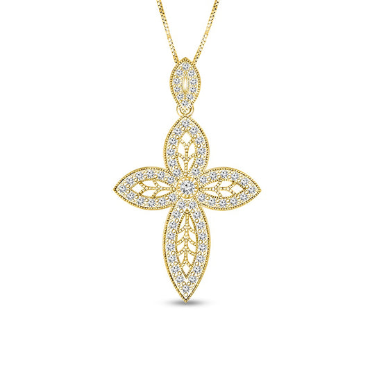 0.63 CT. T.W. Natural Diamond Art Deco Antique Vintage-Style Cross Pendant in 10K Yellow Gold