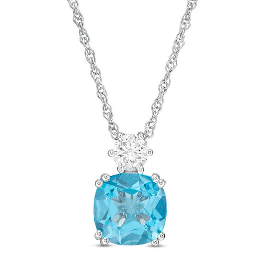 8.0mm Cushion-Cut Swiss Blue Topaz and Lab-Created White Sapphire Pendant in Sterling Silver