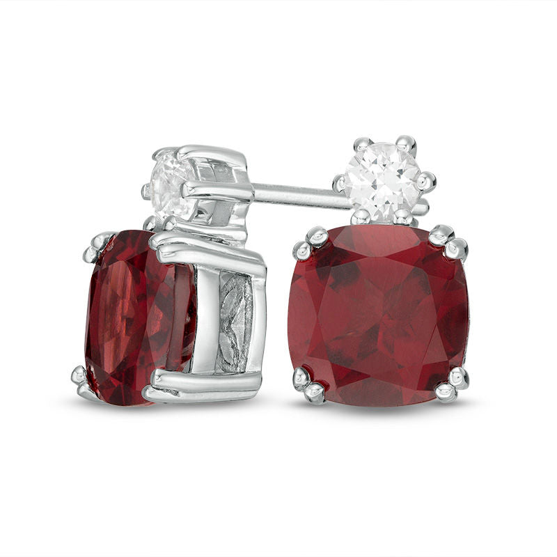 7.0mm Cushion-Cut Garnet and Lab-Created White Sapphire Stud Earrings in Sterling Silver