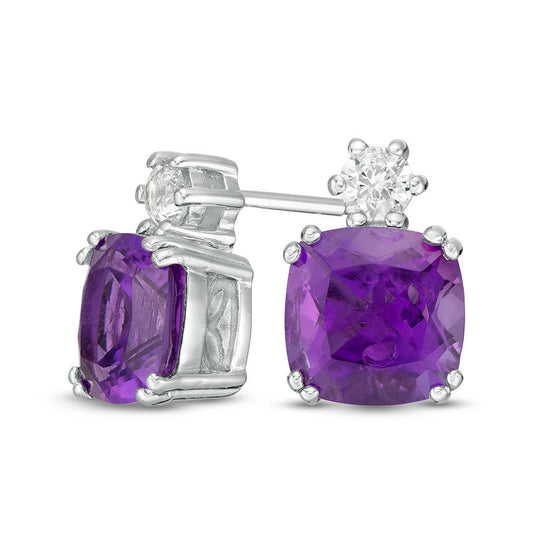 7.0mm Cushion-Cut Amethyst and Lab-Created White Sapphire Stud Earrings in Sterling Silver