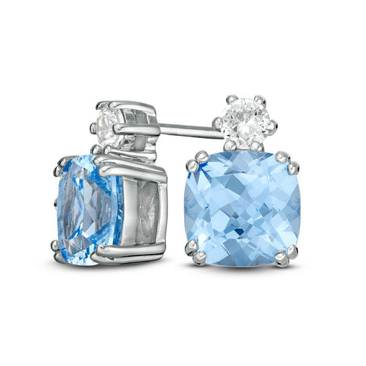 7.0mm Cushion-Cut Lab-Created Blue Spinel and White Sapphire Stud Earrings in Sterling Silver