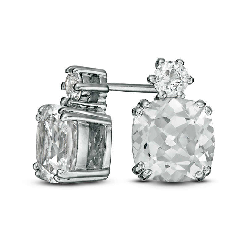 7.0mm Cushion-Cut and Round Lab-Created White Sapphire Stud Earrings in Sterling Silver