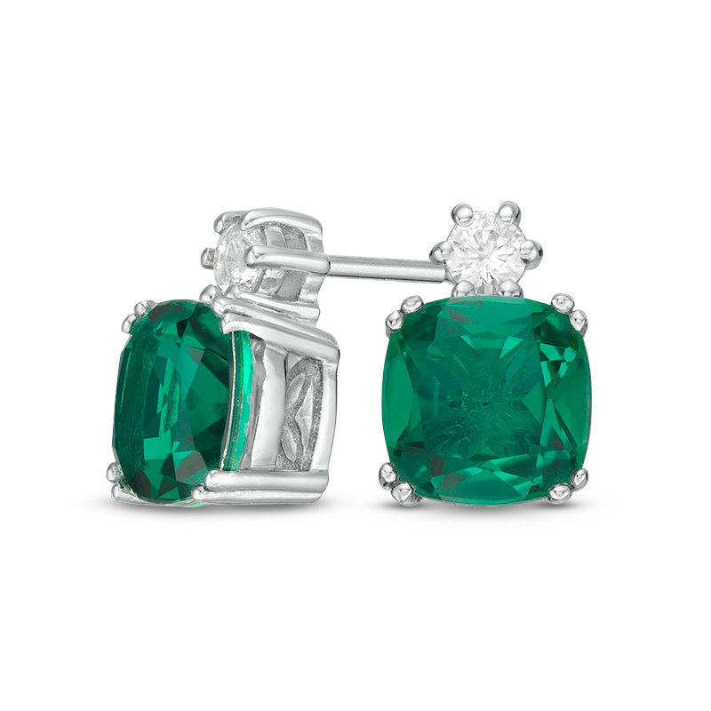 7.0mm Cushion-Cut Green Quartz Doublet and Lab-Created White Sapphire Stud Earrings in Sterling Silver