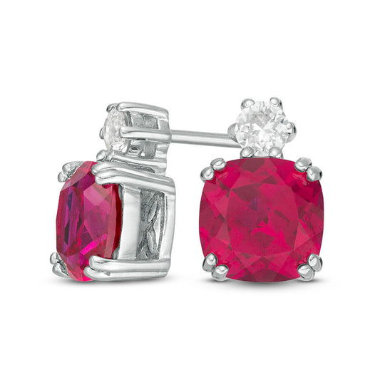 7.0mm Cushion-Cut Lab-Created Ruby and White Sapphire Stud Earrings in Sterling Silver