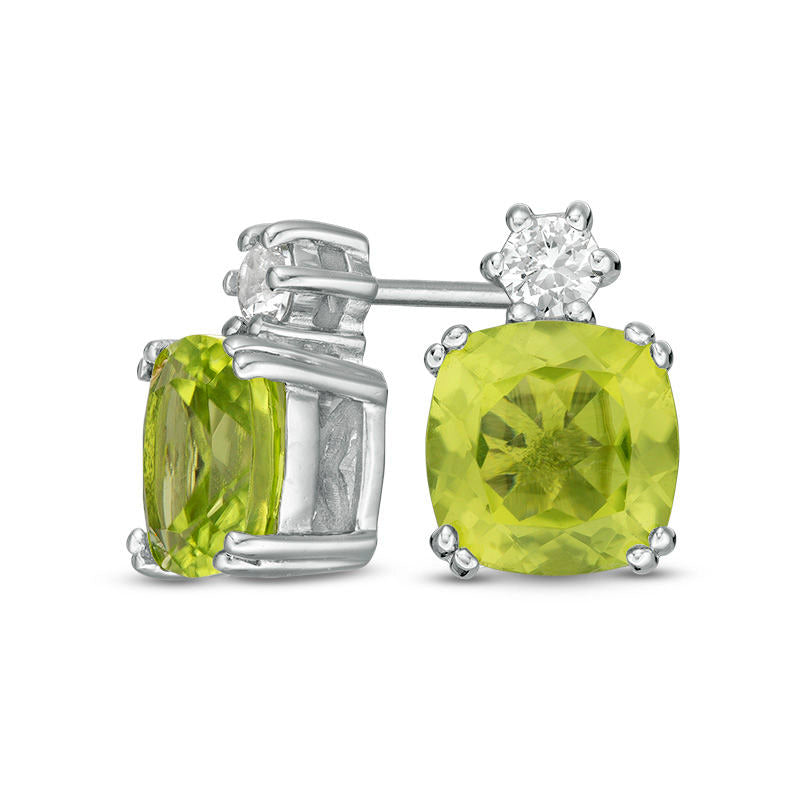 7.0mm Cushion-Cut Peridot and Lab-Created White Sapphire Stud Earrings in Sterling Silver