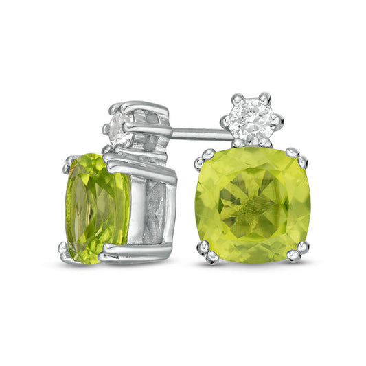 7.0mm Cushion-Cut Peridot and Lab-Created White Sapphire Stud Earrings in Sterling Silver