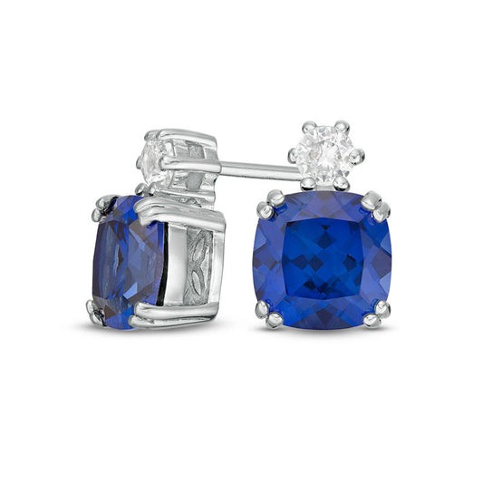 7.0mm Cushion-Cut Lab-Created Blue and White Sapphire Stud Earrings in Sterling Silver