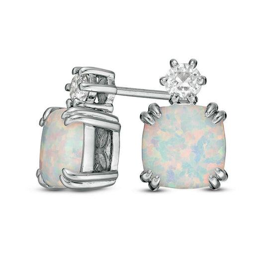 7.0mm Cushion-Cut Lab-Created Opal and White Sapphire Stud Earrings in Sterling Silver