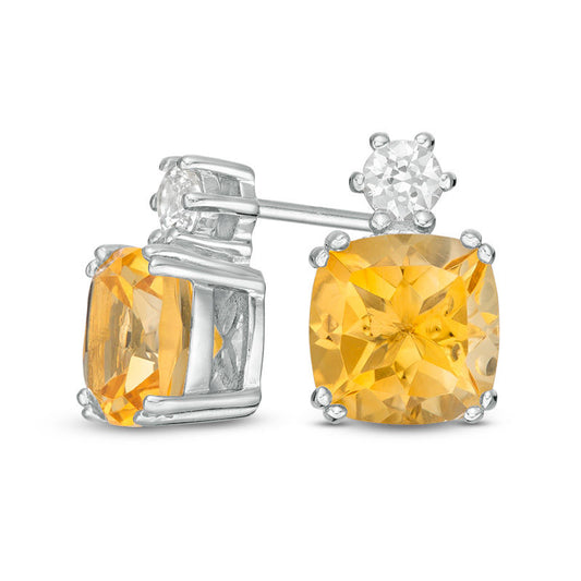 7.0mm Cushion-Cut Citrine and Lab-Created White Sapphire Stud Earrings in Sterling Silver